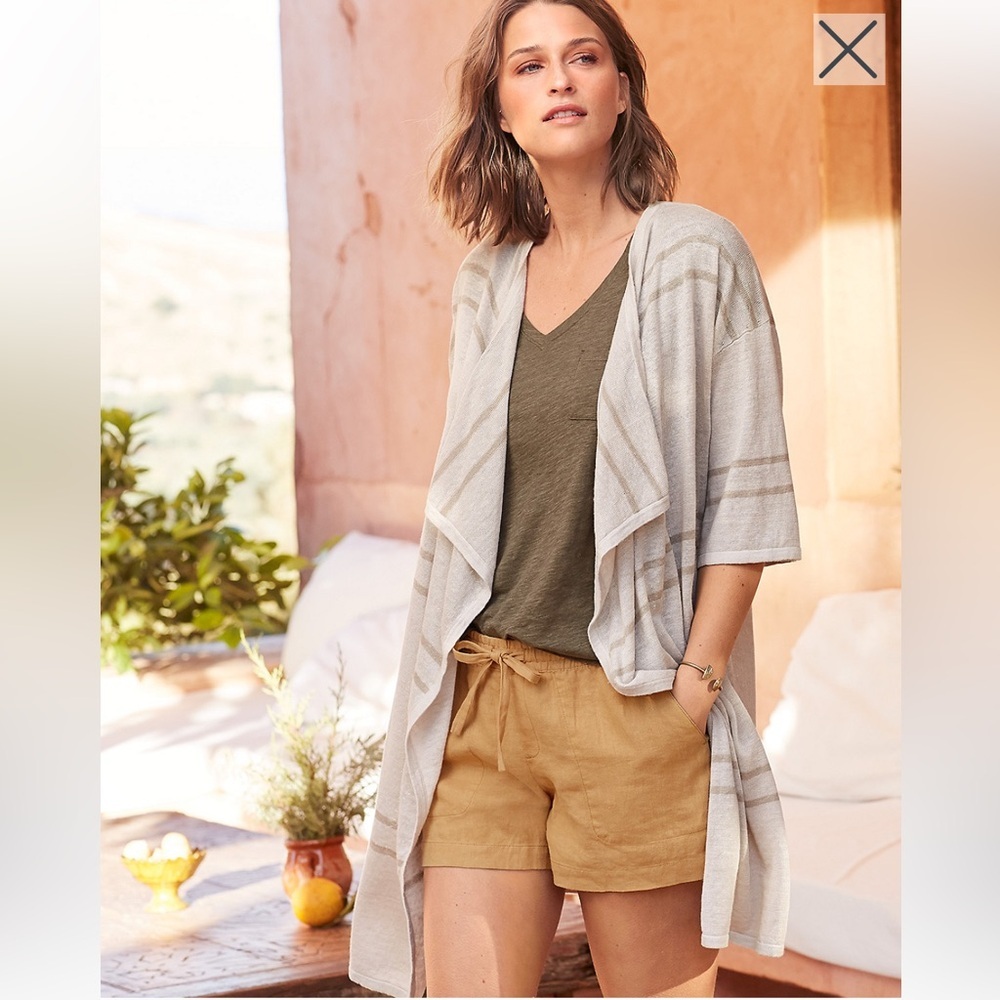 Garnet Hill 100% Linen Lightweight Short Sleeve easy Long Line Cardigan S beige